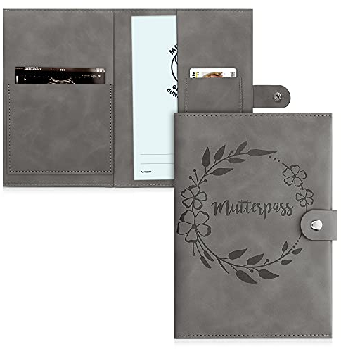 kwmobile Mutterpasshülle aus Kunstleder in Nubuklederoptik - Hülle für deutschen Mutterpass mit extra Fächern - Cover Mutterpass Blumenkranz Grau