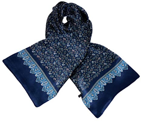 YangtzeStore Langer Charmeuse Satin Seidenschal für Herren, Marineblaues Paisley, 63x10