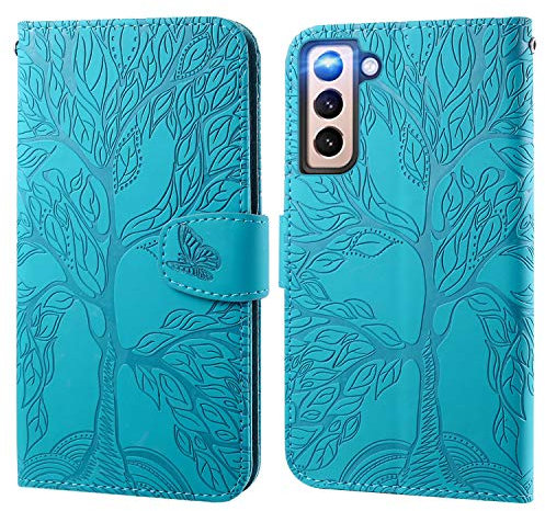 Aisenth Handyhülle für Samsung Galaxy S21 FE 5G, Baum Muster Leder Handytasche Brieftasche Klapphülle Etui Wallet Flip Case Schutz Hülle mit TPU innen Schale, Kartenfächer -Blau Grün