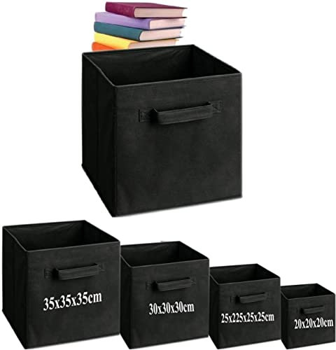 A406 2x Foldable Boxes Storage Cube Boxes Fabric Cubes with Handles Collapsible Organiser Clothes Storage Box (Black, X-Large-35x35x35cm)
