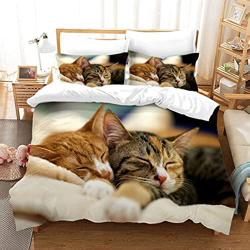 HSGLGNA Katze Bettwäsche Set 135 x 200 cm, 3D Katzenmotiv Mikrofaser Bettwäsche-Sets 3teilig mit Reißverschluss, 100% Baumwolle, mit Bettbezug und Kissenbezug (Katze-6, 200 x 200 cm)