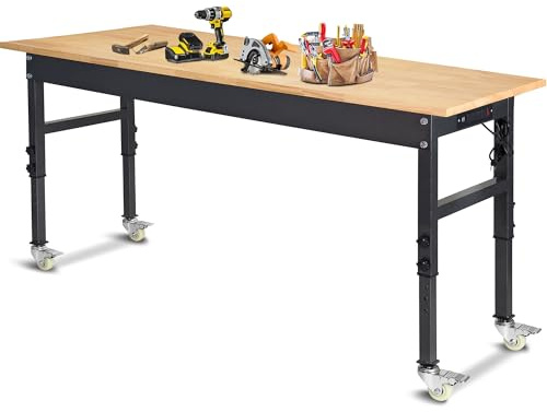 60 Adjustable Work Bench, Rubber Wood Top Workbench