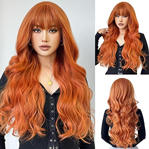 OUFEI Lang Gewellt Orange Perücken mit Pony für Frauen Natürliche Synthetische Haare Hitzebeständig Halloween Perücken für Tägliche Party Cosplay Tragen-28 Zoll