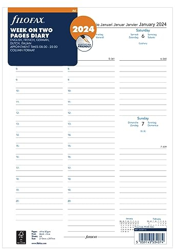 Filofax A4 Woche auf zwei Seiten 5 Sprachen Termine 2024 Terminplaner