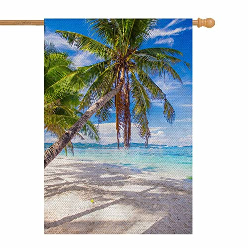 AOYEGO Palmen auf tropischer Strandhaus-Flagge, vertikal, doppelseitig, Jute, lebendig, blauer Himmel, leere Hängematte, Bauernhaus, Hof, Outdoor, saisonale Flaggen, Dekoration, 71,1 x 101,6 cm