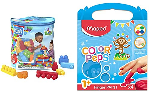 MEGA Bloks Sac Bleu, Jeu de Blocs de Construction, 60 pièces, Jouet pour bébé et Enfant de 1 à 5 Ans & Maped Color'Peps 4 Pots de Peinture Doigt pour Bébé et Enfant dès 1 an - Gouache Pots de 80 GR