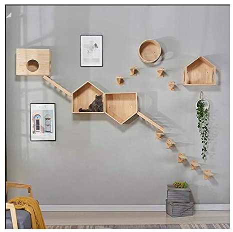 TONPOP Kratzbaum-Eigentumswohnung mit Kratzbäumen, Sitzstangen, Katzenkorb, Liege und Leiter, Deluxe-Katzenturm, Kätzchen-Spielhaus, Wandmontage, Massivholz, Katzenklettern