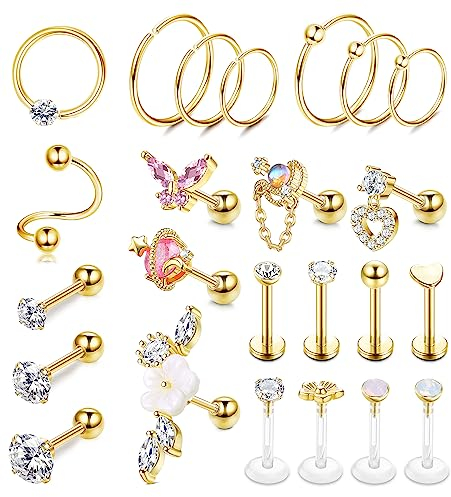 CASSIECA 24 Stück 16G Piercing Ohr Set Gold Helix Tragus Piercing Ohrringe für Frauen Chirurgenstahl Ohrringe Piercing Schmetterling Blume Ohr Piercing Ohrringe Ohrstecker Knorpel Ohrringe