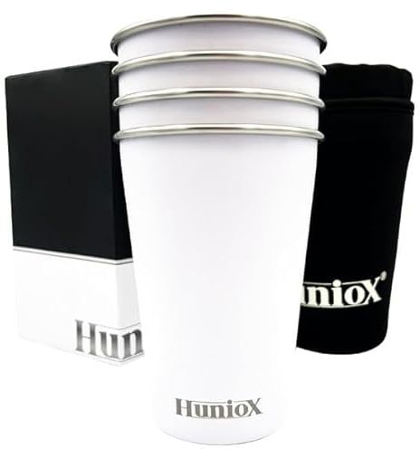 Huniox® 4 X 500 ML Tasse Camping - Becher Edelstahl - Outdoor Tasse - Camping Gläser Bruchfest - Gläser 500ml - Trinkbecher Edelstahl - Metallbecher (ARTIC WHITE, 500 ML)