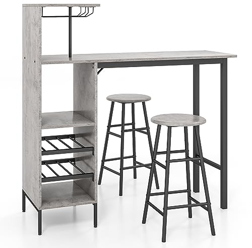 COSTWAY 3 Piece Bar Table Set, Kitchen Table and Stools with Glass Holders, Wine Racks, Storage Shelves & Adjustable Foot Pads, Counter Height Dining Table Set for Bistro Living Room (Grey)