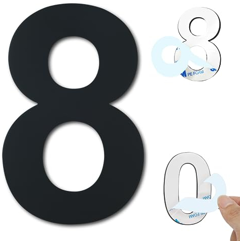 Ywonoby Hausnummern Selbstklebend, 6 inch Edelstahl Hausnummern Aufkleber, für Tür, Briefkasten, Außen, Anti-Friktion, Wetterfest, Schwarze Ziffer 8