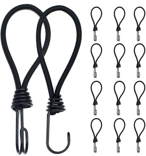 Mooshy 12Pcs Bungee Cords with Hooks Metal Black Bungee Cords Short Bungee Cords with Hooks Elastic Bungee Straps Tent Elastic Straps with Hooks for Tarpaulin Camping and Canopy Tents