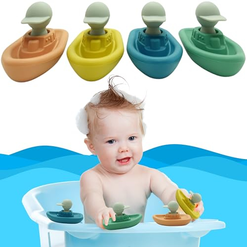 cometrade Badewannenspielzeug - Badespielzeug für Babys Kleinkinder, 4er Set schwimmende Boote mit 4 Kapitänen, stapelbar, umweltfreundlich, Silikon ohne Weichmacher