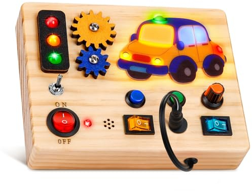 Auney Montessori Busy Board Activity Board ab 1 Jahr Auto-Lichtschalter Spielzeug, LED Holzspielzeug Sensorisches Lernspielzeug für Baby Kleinkinder Jungen Mädchen ab 1 2 3 Jahre
