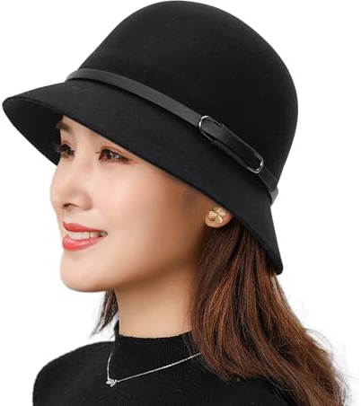 KorhLeoh Damen-Bowlermütze, Schwarze Woll-Eimermütze, warme Winter-Vintage-Mütze aus den 1920er Jahren, Cloche-Mütze