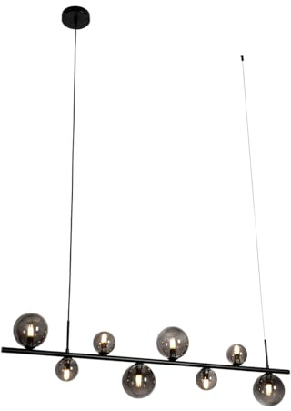 Qazqa Esstisch Design Pendelleuchte, Pendellampe - Monaco - Schwarz mit Rauchglas, 8-flammig, 110cm, Ideal als Esszimmerlampe und