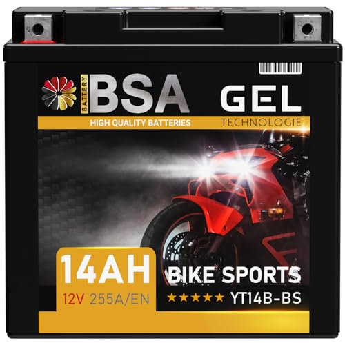 BSA YT14B-BS GEL Motorradbatterie 12V 14Ah 255A/EN Batterie doppelte Lebensdauer entspricht 51201 51422 GT14B-4 YT14B-4 vorgeladen auslaufsicher wartungsfrei