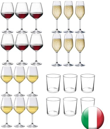 EUPOSIA - Servicio para 6 personas, juego de 24 piezas: 6 vino blanco divino de 44 cl. + 6 vino tinto divino de 53 cl. + 6 copas de champán y prosecco Divino de 24 cl. + 6 vasos de agua Bodega de 37