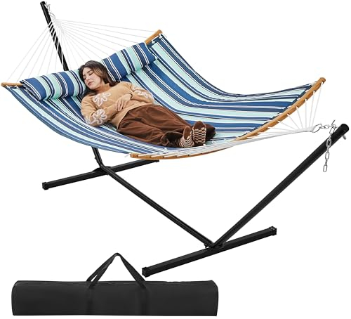 Yaheetech Hängematte mit Gestell & Kissen, XXL Doppelhängematte mit Ständer bis 216 KG Belastbar für 2-3 Personen, Höhenverstellbarer Hammock für Outdoor & Indoor, Blauer Streifen