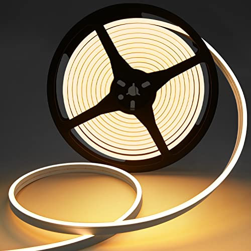 MMEEVT Neon Strip Light,5M 12V LED Strip Warm White Flexible Cuttable IP67 Waterproof LED Neon Rope Lights for Bedroom Kitchen DIY Decoration (No Power Adapter)