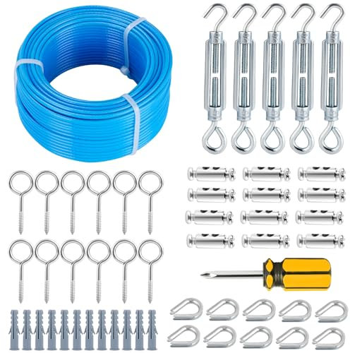 hannger 30M Drahtseil, 3MM Blau PVC Ummantelt Stahlseil mit Ösen & Mehrzweck Spannschlösser für Wäscheleine, Wäscheleinenspanner für T-Pfosten, String Licht Aufhängen, Garten Draht