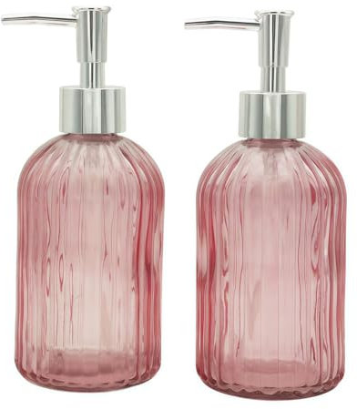 2 Pack Glass Soap Dispenser Bathroom Countertop Shampoo and Conditioner Dispenser Washing Up Liquid Hand Soap Pump Bottle Dispenser Kitchen(2, Pink)