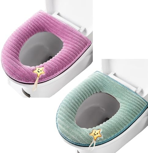 2 Pieces Thicker Bathroom Soft Toilet Seat Cover Pad with Handle Toilet Lid Cover Cushion Soft Thicker Washable Fits All Oval Toilet Seats (Pink+Green)