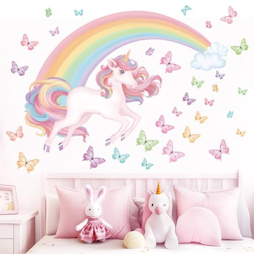 wondever Wandtattoo Regenbogen Einhorn Mädchen Wandaufkleber Schmetterlinge Wolken Wandsticker Wanddeko für Kinderzimmer Mädchen Babyzimmer