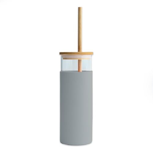 INTIRILIFE tumbler in vetro grigio 500 ml con cannuccia, coperchio in bambù e copertura protettiva in silicone - bicchiere riutilizzabile per bere in movimento, smoothie, caffè, succhi di frutta
