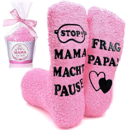 Zemolo Lustige Socken Geschenke für Frauen Damen 39-42 Kuschelsocken MAMA MACHT PAUSE Socken mit Spruch Witzige Sock Damen Geschenk für Weihnachts Geburtstags Erntedankfest WeihnachtenGeschenk