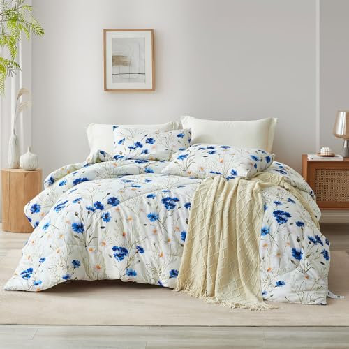Blue Floral King Size Comforter Set for Vintage Boho Garden Bedding - Fluffy Soft Flowers Plants Botanical All Seasons 3 Pieces