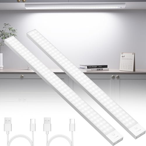 OUILA Unterbauleuchte Küche LED 2 Stück 60CM Schrankbeleuchtung Batterie 5000mAh USB Wiederaufladbar Magnetische Lampe Kabellos Schranklicht mit Bewegungsmelder für Schlafzimmer, Werkstatt (Weiß)