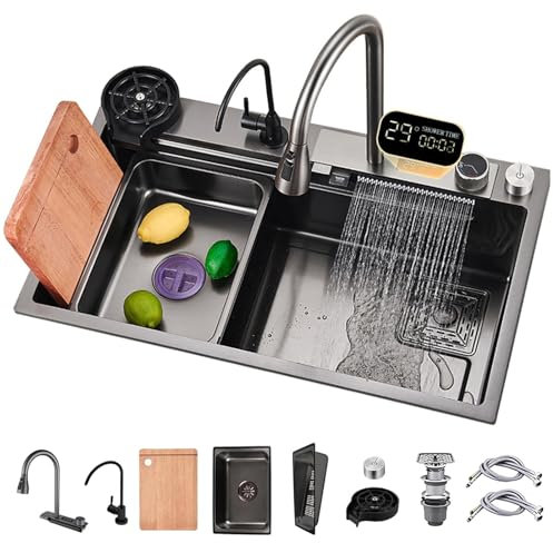 ATHOMASM 80x50cm Fregadero De Cocina 1 Seno En Acero Inoxidable Alta Capacidad, Con Grifo Cascada, Control Digital De Temperatura Y Accesorios Completos Estación De Trabajo Multifuncional Para Cocina