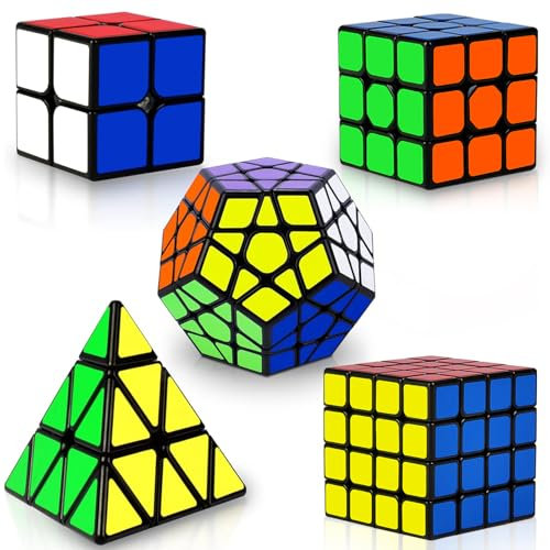 Coolzon Zauberwürfel 5 Stück Speed Cube Set Pyraminx + Megaminx + 2x2 + 3x3 + 4x4 Magic Puzzle Cube Würfel mit PVC Aufkleber Zauberwürfel für Kinder Erwachsene