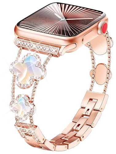 wipalor Sparkling Four-Leaf Clover Compatible with Apple Watch Straps Women 46mm 45mm 44mm 42mm 49mm, Lucky Diamond iWatch Strap, Chic for Apple Watch Strap Series 11 10 SE 9 8 7 6 5 Ultra, Rose Gold