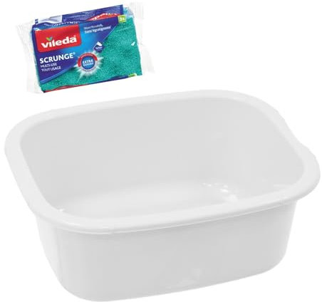 simpa 11L Multi-Purpose White Plastic Rectangular Household Cleaning Bowl with 3PC Sponge Pack for Washing Up, Window Cleaning, Car Valeting and Multi Room Spot Cleaning Tasks.