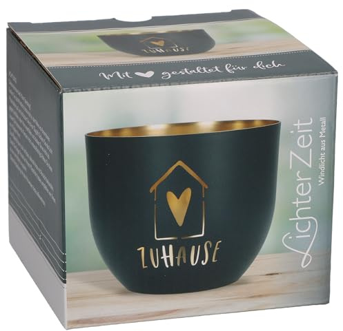 Butzon & Bercker Metallwindlicht Zuhause. Dunkelgraues Windlicht mit Gravur in Gold. Teelichthalter für heimeliges Kerzenlicht. Maße Ø 11 x 9,2 cm, Lieferung in Geschenkverpackung