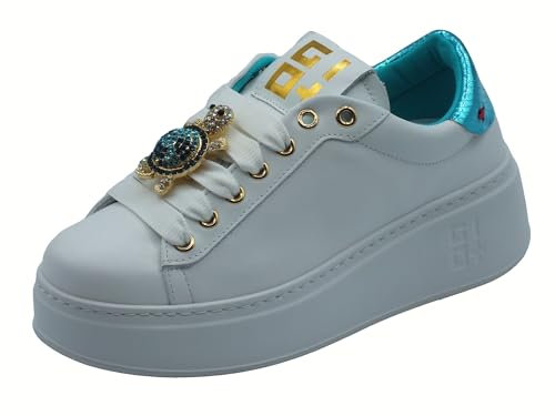 GIO+ PIA252A Combi Türkis Tarta Sneaker für Damen aus weißem Leder mit Applikationen, Weiß, 39 EU