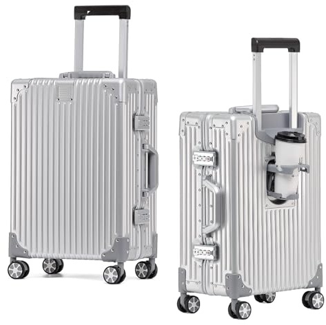 EclatVivid 1pc 22 Inch Luggage with Cup Holder, 100% All Aluminum Suitcase, Zipperless Aluminum Luggage with TSA Locks, Cup Holder(Silver,Checked in 22-Inch)