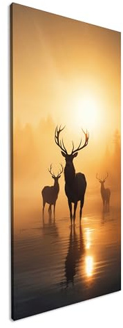 Silhouetten im Morgendunst – Hirsche im goldenen Nebel Panorama 120x60cm XXL Kunstdruck Motiv auf Holzrahmen/Leinwandbild/Wandbild/Wohnzimmer Dekoration