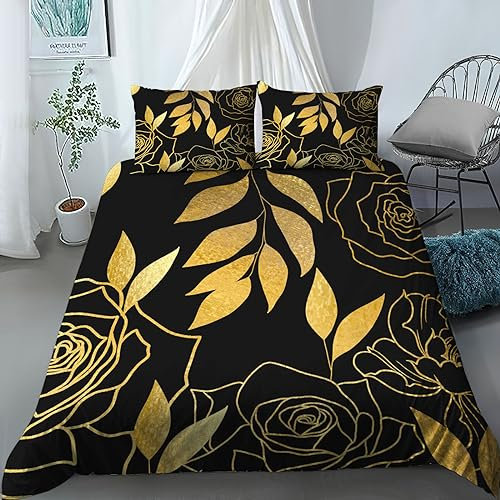 SVTUSR Bedding Set Kids Single Duvet Set Black Gold Rose Branches And Leaves Luxury Fashion Art Gold Foil 3 Pieces Printed Pattern With 2 Pillowcases 50X75Cm, Soft Hypoallergenic Microfiber Quilt C