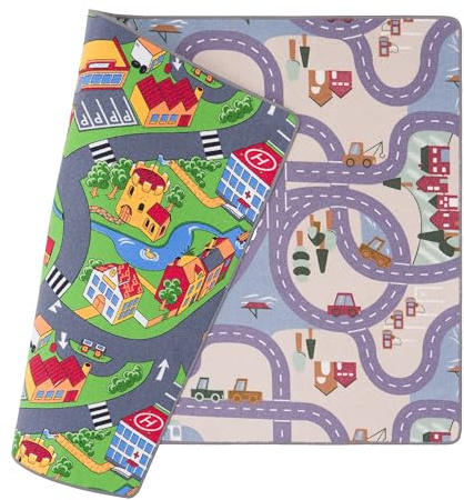 Pergamon Kinder Straßenteppich Beidseitig Fun Town & Little Village - Spielteppich für Kinderzimmer mit Straßenmotiven, Fördert Kreativität und Fantasie