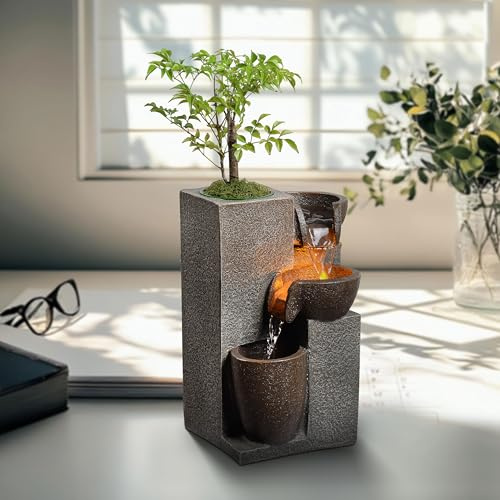 Fuente de mesa en resina Mseonwxi con cascada, luz LED y maceta, fuente de agua de escritorio para decoración de oficina en casa (22028N)