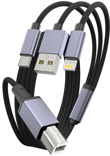 Printer USB Cable, MIDI USB A USB C and Lightning Cable to USB-B 2.0 MIDI for MacBook Pro, USB C MIDI Cable Nylon Braided for Yamaha Casio Digital Piano MIDI Controller Printers 3M