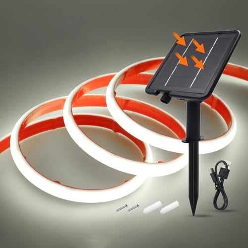 Wisada 24V Solar COB Neon Band 3m, 8 Modi Lichtband Außen IP68 Lichterkette Selbstklebend, 320LEDs/m Superheller Kaltweiß COB LED Stripe Cuttable LED Streifen für Terrasse, Innenhof