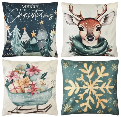 VITEVER Bäume Rentier Schlitten Schneeflocken Frohe Weihnachten Kissenbezüge 4er Set, 45x45 cm Christmas Zierkissenbezug Cushion Cover Couch Deko