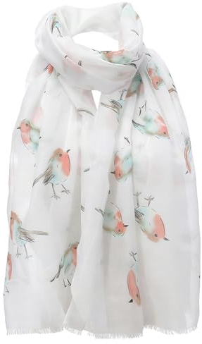 YNR Weißer Chiffon-Schal mit Rotkehlchen-Motiv, Aquarell-Schal mit Rotkehlchen-Motiv, bedruckt mit Vogelmotiv, Wickelschal für Damen, Weihnachtsgeschenke