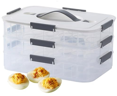 Contenedores de huevos rellenos con tapa, 54 ranuras, bandeja portadora de huevos rellenos de plástico transparente con asa y cierre a presión, apilable, reutilizable para nevera, decoraciones de int