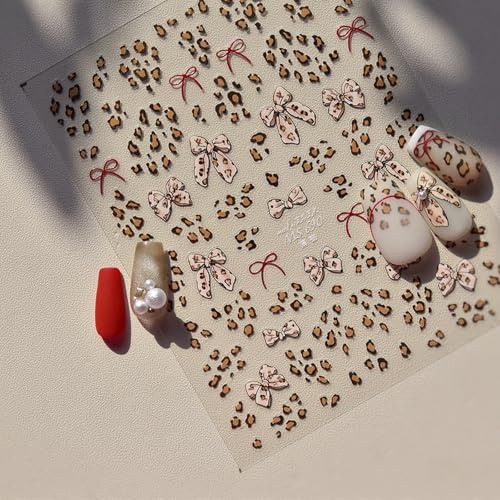 Tazuxetuqe 2PCS Leopard Nagelkunst Aufkleber 3D Selbstklebend Maillard Stil Schleife Design Nagel Abziehbilder Gepard Nagelkunst Für Frauen DIY Maniküre