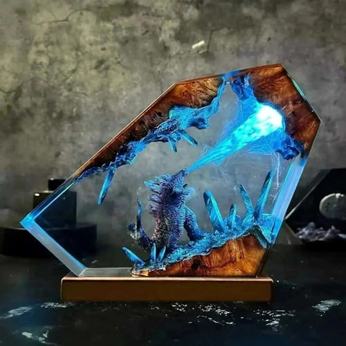 FIYSON 3D Ozean Epoxidharz Nachtlicht,Harz-Godzilla Figuren Ornamente mit Holzsockel,Monster Nachttischlampe mit USB-Kabel und 16 Farbe Remote Mehrfarbige LED Nacht Lampe,Desktop-Kunst-Dekor (Stil 3)